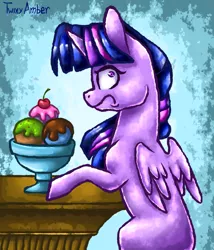 Size: 900x1050 | Tagged: safe, artist:twixyamber, derpibooru import, twilight sparkle, twilight sparkle (alicorn), alicorn, pony, caught, cherry, food, frown, ice cream, looking at you, looking back, solo, surprised, wide eyes