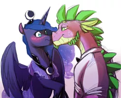 Size: 2461x2000 | Tagged: artist:vindhov, blushing, boop, clothes, crack shipping, derpibooru import, gradient background, high res, interspecies, lidded eyes, looking at each other, male, older, princess luna, raised hoof, safe, scrunchy face, shipping, simple background, smiling, spike, spiluna, spread wings, story in the source, straight, white background