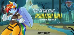 Size: 1700x800 | Tagged: anthro, artist:ambris, ashleigh ball, clothes, crossover, derpibooru import, flight suit, goggles, gun, overwatch, play of the game, rainbow dash, rainbow tracer, safe, solo, tracer, weapon