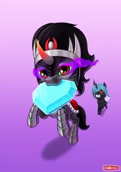 Size: 1400x1980 | Tagged: angry, artist:wwredgrave, changeling, chase, chibi, crystal, crystal heart, cute, derpibooru import, gradient background, heart, king sombra, mouth hold, queen chrysalis, running, safe, sombradorable, sombra eyes, thief