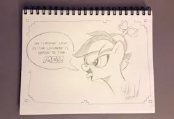 Size: 1100x751 | Tagged: safe, artist:fuzon-s, derpibooru import, button mash, earth pony, pony, andy price style, bust, copyright silliness, crossover, foal, male, mocking, monochrome, pencil drawing, portrait, quote, reference, sketch, solo, sonic colors, sonic the hedgehog (series), style emulation, tongue out, traditional art