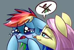 Size: 1748x1181 | Tagged: safe, derpibooru import, fluttershy, rainbow dash, tank, tanks for the memories, crying, duo, duo female, female, flutterbitch, licking, open mouth, simple background, teal background, tongue out, tough love, x, your tears are delicious