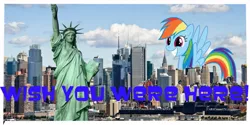 Size: 1264x632 | Tagged: safe, derpibooru import, rainbow dash, pony, chrysler building, giant pony, giant rainbow dash, giantess, irl, macro, mega/giant rainbow dash, new york city, photo, ponies in real life, solo, statue of liberty, text
