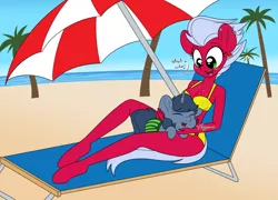 Size: 1400x1006 | Tagged: safe, artist:sweetfilthyfun, derpibooru import, oc, oc:b.b., oc:melon frost, unofficial characters only, anthro, unguligrade anthro, unicorn, beach, beach chair, beach umbrella, bikini, clothes, commission, cute, ear piercing, lip piercing, ocean, palm tree, piercing, sand, swimsuit, tree, uguu, water