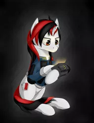 Size: 1969x2581 | Tagged: safe, artist:koshakevich, derpibooru import, oc, oc:blackjack, unofficial characters only, pony, unicorn, fallout equestria, fallout equestria: project horizons, fanfic, armor, clothes, fanfic art, female, hooves, horn, mare, pipbuck, security armor, sitting, solo, vault security armor, vault suit