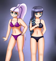 Size: 2100x2300 | Tagged: artist:focusb, belly button, black underwear, bra, breasts, cleavage, clothes, coloratura, countess coloratura, derpibooru import, duality, female, human, humanized, multiple variants, panties, purple underwear, rara, suggestive, the mane attraction, underwear