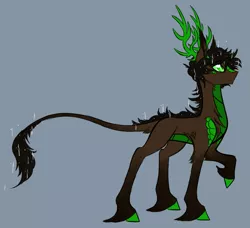 Size: 2329x2122 | Tagged: safe, artist:australian-senior, derpibooru import, oc, oc:rick invictus, unofficial characters only, alicorn, kirin, kirindos, adventure core, alternate universe, antlers, colored hooves, colored sclera, crossover, gray background, green eyes, image, leonine tail, png, portal, portal (valve), portal 2, scales, simple background, solo, unshorn fetlocks