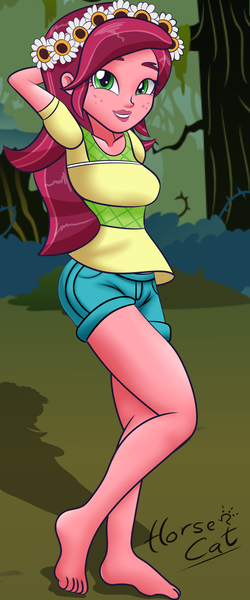 Size: 1000x2400 | Tagged: safe, artist:horsecat, derpibooru import, gloriosa daisy, equestria girls, legend of everfree, barefoot, clothes, feet, looking at you, missing shoes, solo