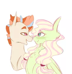 Size: 2926x3000 | Tagged: safe, artist:kittii-kat, derpibooru import, oc, oc:angelique, oc:trailblaze, unofficial characters only, earth pony, pegasus, pony, bust, cheek fluff, chest fluff, colored pupils, eye contact, female, high res, lidded eyes, looking at each other, male, mare, neck fluff, simple background, stallion, white background