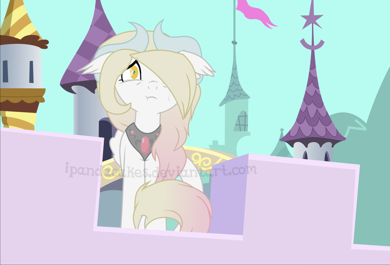 Size: 1280x870 | Tagged: safe, artist:ipandacakes, derpibooru import, oc, oc:valkyrie, unofficial characters only, hybrid, pony, :t, canterlot castle, female, interspecies offspring, mare, offspring, parent:discord, parent:princess celestia, parents:dislestia, solo