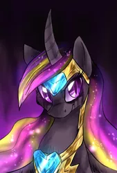 Size: 716x1059 | Tagged: alicorn, alternate universe, armor, artist:not-ordinary-pony, bust, colored pupils, crystal heart, curved horn, derpibooru import, female, glowing mane, jewelry, long mane, looking at you, nightmare cadance, nightmarified, portrait, princess cadance, regalia, safe, slit eyes, solo