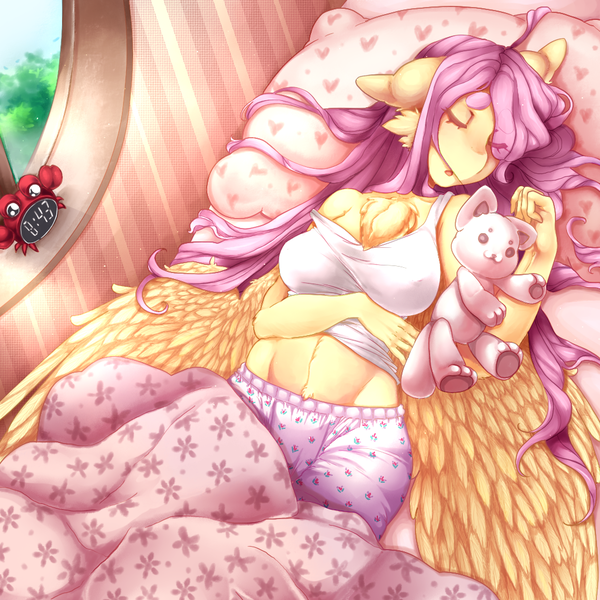 Size: 1024x1024 | Tagged: anthro, arm under breasts, artist:tolsticot, beanbrows, bed, bedroom, breasts, busty fluttershy, chest fluff, clothes, cute, derpibooru import, eyebrows, eyes closed, female, fluttershy, midriff, off shoulder, on back, on bed, pajamas, pillow, plushie, precious, safe, shyabetes, sleeping, solo, spread wings, tanktop