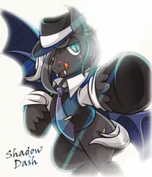 Size: 2868x3337 | Tagged: safe, artist:estories, derpibooru import, oc, oc:shadow dash, unofficial characters only, bat pony, pony, clothes, crepuscular rays, handsome, hat, high res, male, necktie, open mouth, simple background, solo, stallion, tongue out, trilby, vest, white background