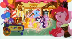 Size: 1490x820 | Tagged: safe, artist:justyna trzaska, derpibooru import, applejack, fluttershy, pinkie pie, rainbow dash, rarity, twilight sparkle, twilight sparkle (alicorn), alicorn, pony, alternate cutie mark, balloon, drumming, drums, food, happy, mane six, sugarcube corner