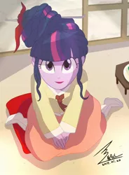 Size: 1100x1492 | Tagged: safe, artist:bluse, derpibooru import, twilight sparkle, equestria girls, alternate hairstyle, hanbok, korean, long hair, looking at you, looking up, lunar new year, open mouth, sitting, solo