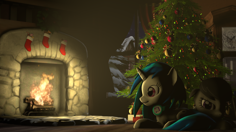 Size: 1024x576 | Tagged: safe, artist:vinuldash, derpibooru import, octavia melody, vinyl scratch, 3d, christmas stocking, christmas tree, fireplace, headphones, present, prone, tree