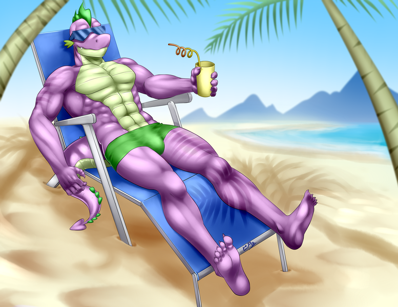 Size: 900x695 | Tagged: abs, anthro, artist:pia-sama, bare chest, barefoot, beach, beefspike, clothes, crotch bulge, cup, derpibooru import, drink, feet, male, muscles, older, older spike, palm tree, partial nudity, plantigrade anthro, questionable, relaxing, solo, solo male, speedo, spike, sunglasses, swimming trunks, topless, tree