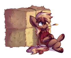 Size: 1024x836 | Tagged: safe, artist:crownedspade, derpibooru import, oc, unofficial characters only, earth pony, pony, clothes, hay bale, hay stalk, male, shirt, solo, stallion, straw in mouth