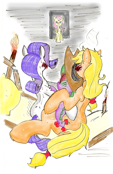 Size: 1638x2526 | Tagged: questionable, artist:bylisboa, derpibooru import, edit, applejack, fluttershy, rarity, spike, applespike, bisexual, blushing, caught, female, foalcon, group sex, lesbian, male, polyamory, rarijack, shipping, softcore, sparijack, sparity, straight, threesome