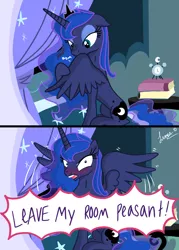 Size: 3445x4823 | Tagged: safe, artist:darkest-lunar-flower, derpibooru import, princess luna, pony, absurd resolution, alarm clock, angry, bed, bedroom, behaving like a bird, blushing, book, caught, clock, cute, dialogue, feather, floppy ears, glare, lidded eyes, looking at you, lunabetes, missing accessory, nom, offscreen character, open mouth, preening, reeee, sitting, smiling, solo, spread wings, yelling