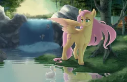 Size: 5100x3300 | Tagged: safe, artist:silentwulv, derpibooru import, fluttershy, duck, pegasus, pony, absurd resolution, beautiful, colored wings, colored wingtips, duckling, female, forest, looking at something, looking down, mare, nature, reflection, river, scenery, smiling, solo, spread wings, sunlight, tree, unshorn fetlocks, waterfall