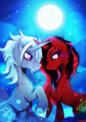 Size: 1358x1920 | Tagged: safe, artist:rariedash, derpibooru import, oc, oc:anzu, oc:ice storm, unofficial characters only, pony, unicorn, cloud, duo, moon, red and black oc, stars