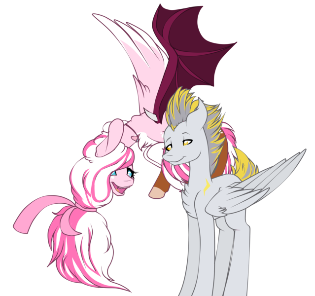 Size: 1765x1658 | Tagged: safe, artist:xxmissteaxx, derpibooru import, oc, oc:vanity, unofficial characters only, draconequus, pegasus, pony, female, flying, male, mare, simple background, stallion, transparent background