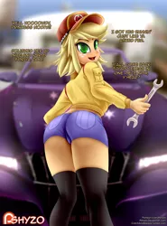 Size: 1122x1518 | Tagged: suggestive, artist:pshyzomancer, derpibooru import, applejack, human, equestria girls, applebutt, car, cindy aurum, crossover, final fantasy, final fantasy xv, humanized, implied twilight sparkle, mechanic, solo