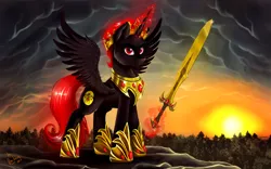 Size: 1280x800 | Tagged: safe, artist:das_leben, derpibooru import, oc, oc:dark star, unofficial characters only, alicorn, pony, alicorn oc, commission, glowing horn, jewelry, king, looking back, magic, male, red and black oc, red eyes, regalia, solo, spread wings, stallion, sunset, sword