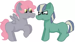 Size: 677x384 | Tagged: safe, artist:glamgoria-morose, derpibooru import, oc, oc:rosett stone, oc:tourmaline, unofficial characters only, earth pony, pegasus, pony, next generation, offspring, parent:limestone pie, parent:zephyr breeze, parents:zephyrstone