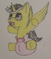 Size: 1123x1280 | Tagged: safe, artist:khavoc, derpibooru import, oc, unofficial characters only, alicorn, pony, alicorn oc, baby, baby pony, cute, diaper, foal, pacifier, poofy diaper, solo, traditional art