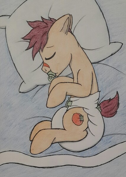 Size: 909x1280 | Tagged: adult foal, artist:khavoc, cute, derpibooru import, diaper, diaper fetish, oc, poofy diaper, questionable, sleeping, solo, traditional art, unofficial characters only