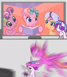 Size: 1000x1159 | Tagged: artist:slamjam, bowser censor, derpibooru import, edit, exploitable meme, g3.5, meme, newborn cuties, parody, princess cadance, princess flurry heart, radiant blur, safe, scootaloo (g3), television