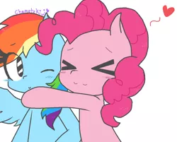 Size: 1022x820 | Tagged: safe, artist:chametzkiwi, derpibooru import, pinkie pie, rainbow dash, female, heart, hug, lesbian, pinkiedash, shipping, simple background, white background