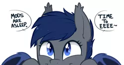 Size: 1234x648 | Tagged: safe, artist:higgly-chan, derpibooru import, oc, oc:shift, unofficial characters only, bat pony, pony, c:, cute, dialogue, ear tufts, eeee, excited, happy, looking up, mascot, mods are asleep, ocbetes, peeking, simple background, slit eyes, slit pupils, smiling, solo, soon, speech bubble, spread wings, text, weapons-grade cute, white background