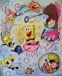 Size: 712x864 | Tagged: safe, artist:exkhale, derpibooru import, pinkie pie, anthro, earth pony, fish, human, jellyfish, pony, blue tang, bubbles (powerpuff girls), camp lazlo, colored pencil drawing, cosmo, crossover, crossover nexus, darwin watterson, dory, finding nemo, gir, gravity falls, image, invader zim, jpeg, lazlo, mabel pines, mare, spongebob squarepants, spongebob squarepants (character), the amazing world of gumball, the fairly oddparents, the powerpuff girls, traditional art, underwater, wander (wander over yonder), wander over yonder