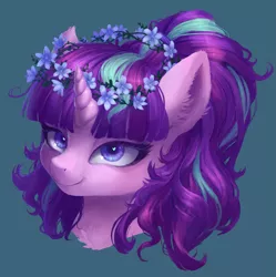 Size: 1467x1473 | Tagged: safe, artist:orchidpony, derpibooru import, starlight glimmer, pony, unicorn, alternate hairstyle, beautiful, blue background, bust, ear fluff, floral head wreath, flower, flower in hair, fluffy, heart eyes, lidded eyes, looking at you, messy mane, ponytail, portrait, pretty, simple background, smiling, solo, teal background, wingding eyes