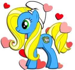 Size: 300x278 | Tagged: safe, derpibooru import, oc, oc:twinkiepie, unofficial characters only, earth pony, pony, crossover, female, hat, heart, mare, simple background, smurf hat, smurfette, solo