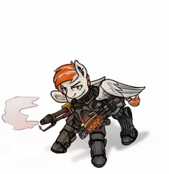 Size: 1984x2048 | Tagged: safe, artist:exlinard, derpibooru import, oc, oc:manifest destiny, unofficial characters only, pegasus, pony, fallout equestria, action pose, armor, braid, braided tail, crossover, enclave, enclave armor, female, flamethrower, grand pegasus enclave, green eyes, gun, hellfire armor, multicolored hair, piercing, power armor, powered exoskeleton, rifle, simple background, smirk, smoke, solo, spread wings, standing, weapon, white background, wings