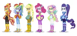 Size: 2500x1181 | Tagged: dead source, safe, artist:madison tuff, derpibooru import, applejack, fluttershy, pinkie pie, rainbow dash, rarity, sunset shimmer, equestria girls, legend of everfree, boots, clothes, cowboy boots, crystal guardian, crystal wings, freckles, geode of empathy, geode of fauna, geode of shielding, geode of sugar bombs, geode of super speed, geode of super strength, high heel boots, high heels, humane five, image, jewelry, line-up, magical geodes, outfit, png, ponied up, ponytail, shoes, simple background, sneakers, sparkles, sun, super ponied up, white background, wings