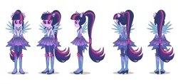 Size: 2500x1181 | Tagged: dead source, safe, artist:madison tuff, derpibooru import, sci-twi, twilight sparkle, equestria girls, legend of everfree, boots, crystal guardian, crystal wings, geode of telekinesis, glasses, high heel boots, high heels, image, magical geodes, outfit, png, ponied up, simple background, solo, turnaround, white background, wings