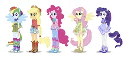 Size: 2500x1181 | Tagged: safe, artist:madison tuff, derpibooru import, applejack, fluttershy, pinkie pie, rainbow dash, rarity, equestria girls, legend of everfree, boho, camp fashion show outfit, clothes, converse, geometric, high heels, humane five, image, line-up, outfit, png, ponied up, shoes, simple background, white background