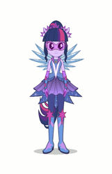 Size: 455x708 | Tagged: safe, derpibooru import, sci-twi, twilight sparkle, equestria girls, legend of everfree, animated, boots, crystal guardian, crystal wings, gif, glasses, high heel boots, high heels, outfit, ponied up, ponytail, simple background, solo, spinning, super ponied up, white background, wings