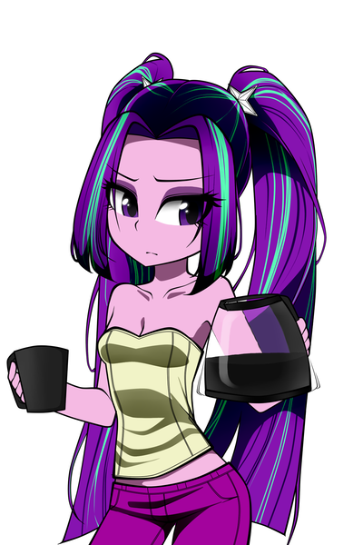 Size: 1200x1800 | Tagged: safe, artist:nekojackun, derpibooru import, aria blaze, equestria girls, bare shoulders, clothes, coffee, coffee mug, midriff, pants, simple background, sleeveless, solo, strapless, tube top, white background