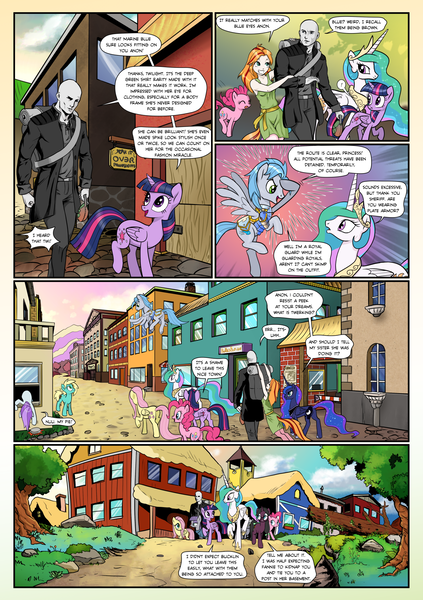 Size: 1355x1920 | Tagged: safe, artist:pencils, derpibooru import, fluttershy, limestone pie, maud pie, pinkie pie, princess celestia, princess luna, twilight sparkle, twilight sparkle (alicorn), oc, oc:anon, oc:mascara maroon, oc:merry bakes, oc:moonglow twinkle, oc:sky shatter, alicorn, earth pony, human, pegasus, pony, satyr, unicorn, comic:anon's pie adventure, armor, backpack, clothes, comic, dragging, female, food, grin, hug, human male, male, mare, open mouth, pie, raised hoof, raised leg, scenery, smiling, stallion, talking, town, twerking, walking