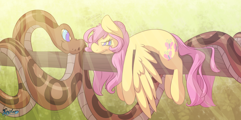 Size: 4400x2200 | Tagged: safe, artist:fluffyxai, derpibooru import, fluttershy, pegasus, pony, snake, :t, absurd resolution, blushing, coils, dizzy, eye contact, female, hypnosis, hypnotized, imminent vore, kaa eyes, lidded eyes, looking at each other, mare, prone, relaxed, smiling, spread wings, swirly eyes, tree, tree branch