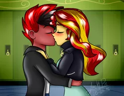 Size: 1750x1350 | Tagged: safe, artist:jack-pie, derpibooru import, sunset shimmer, oc, oc:fowac, equestria girls, alicorn oc, canon x oc, canterlot high, clothes, commission, equestria girls-ified, eyes closed, hallway, jacket, kissing, lockers, male, red and black oc, shipping, signature, straight