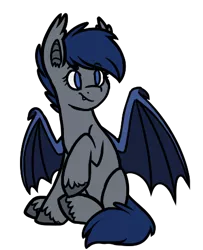 Size: 365x450 | Tagged: safe, artist:bluebrush09, deleted from derpibooru, derpibooru import, oc, oc:shift, unofficial characters only, bat pony, pony, chibi, commission, raised hoof, simple background, sitting, smiling, solo, spread wings, transparent background, unshorn fetlocks