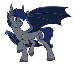 Size: 952x839 | Tagged: safe, artist:bluebrush09, deleted from derpibooru, derpibooru import, oc, oc:shift, unofficial characters only, bat pony, pony, bat ears, bat wings, commission, fangs, image, png, simple background, smiling, solo, spread wings, transparent background, unshorn fetlocks, walking, wings