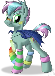 Size: 1094x1493 | Tagged: safe, artist:sirzi, derpibooru import, oc, oc:party hard, unofficial characters only, bat pony, pony, bandaid, clothes, commission, glowstick, rainbow socks, simple background, socks, solo, striped socks, transparent background, ych result
